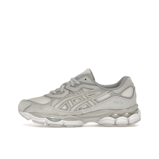 ASICS Gel-NYC, side view, in cream base with cloud grey details and Gel cushioning.