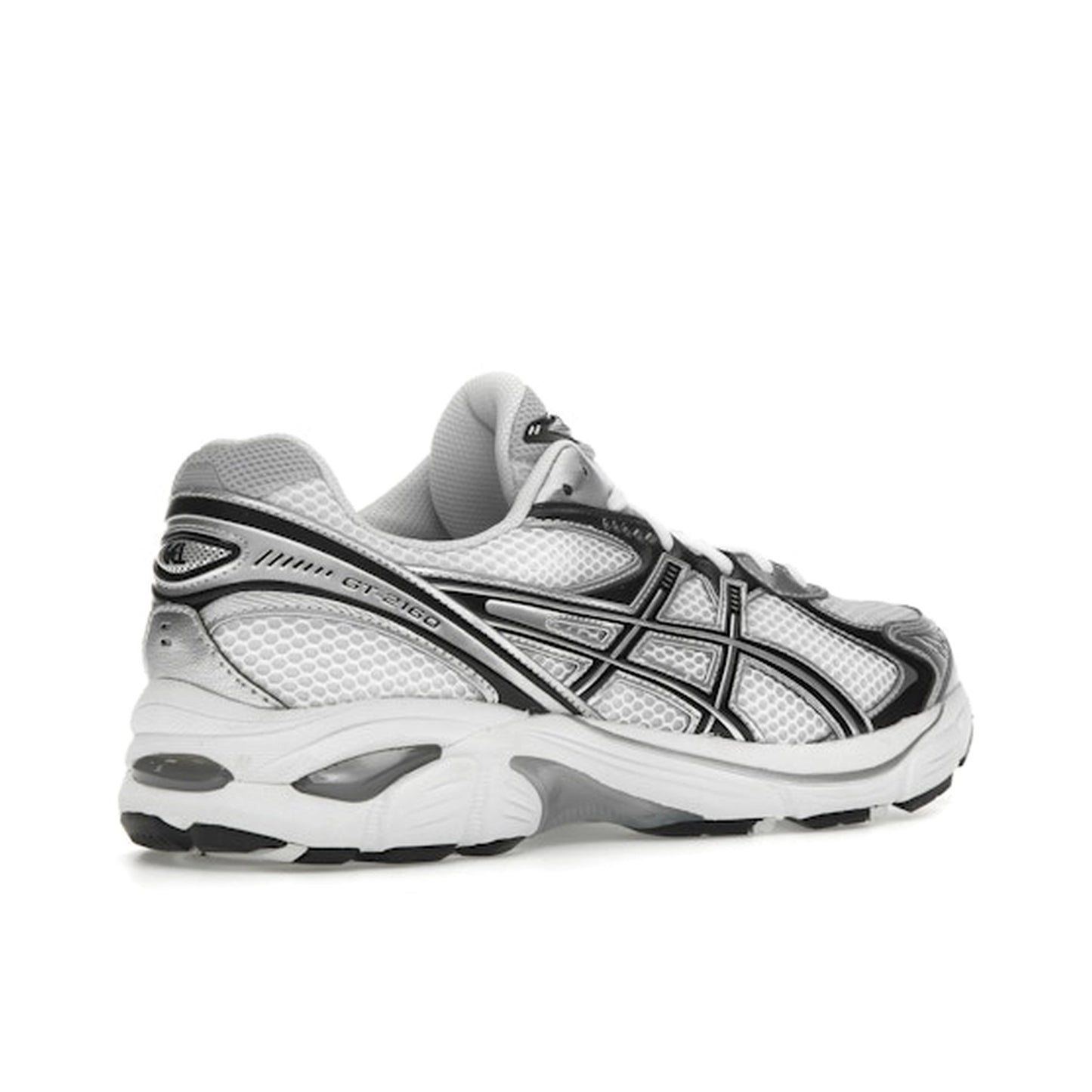 ASICS GT-2160 sneakers, back view, in white with black and silver accents.