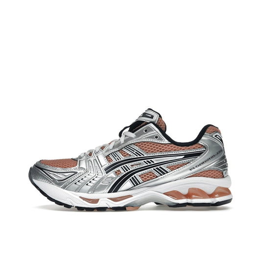 Gel-Kayano 14 ASICS, sepia colorway with pure silver details, side look.