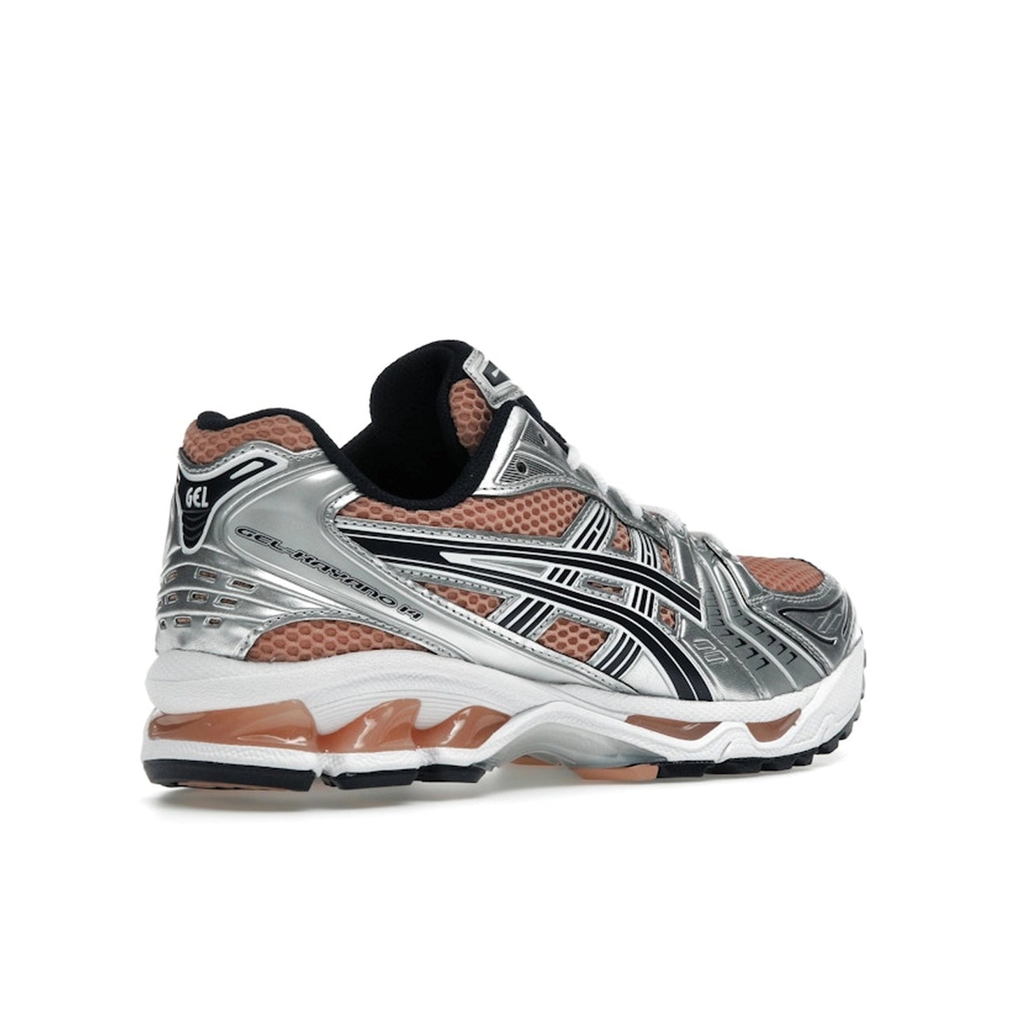 Gel-Kayano 14 ASICS, sepia colorway with pure silver details, back look.