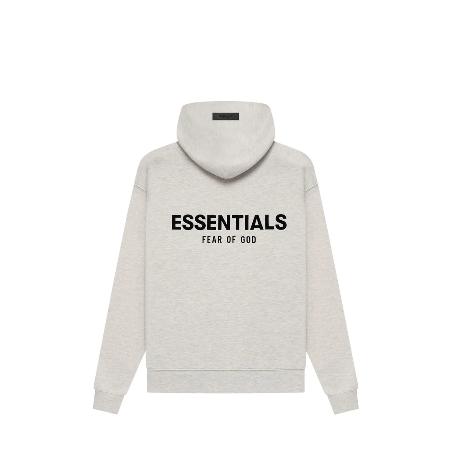 Fear of God Essentials Hoodie, back view, in Light Oatmeal with tonal chest logo.