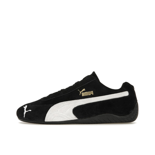 Puma Speedcat OG Black White, side view, retro motorsport design with black suede and white details.