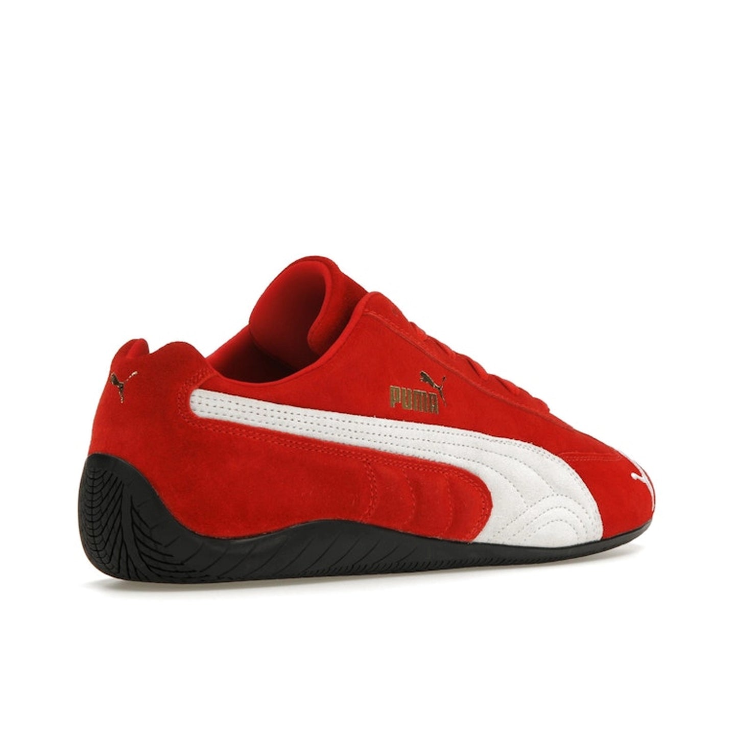 Puma Speedcat OG, back view, red suede upper with contrast white formstrip.