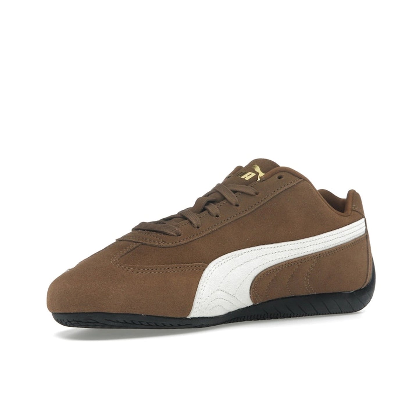 Puma Speedcat OG, front view, in haute coffee suede with frosted ivory formstrip.