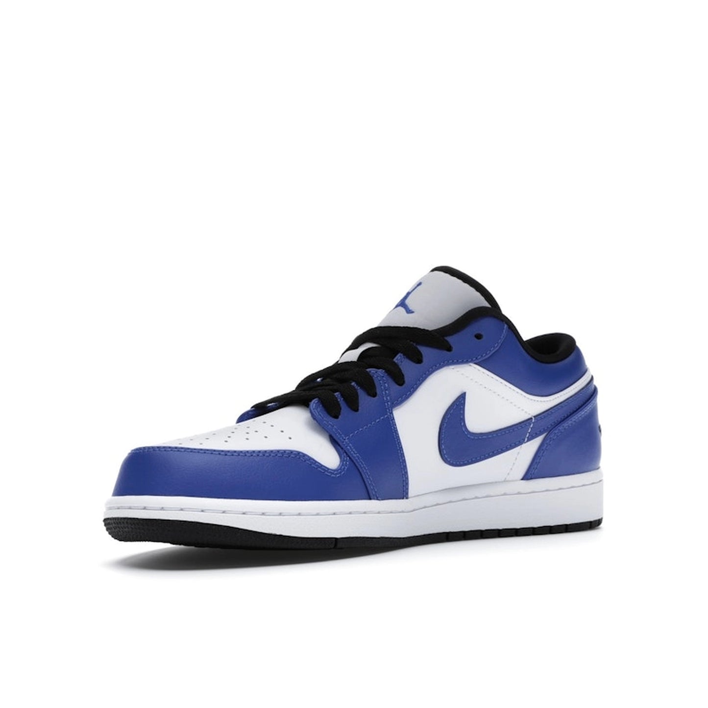 Jordan 1 Low Game Royal sneakers, front view, in blue and white with black overlays.