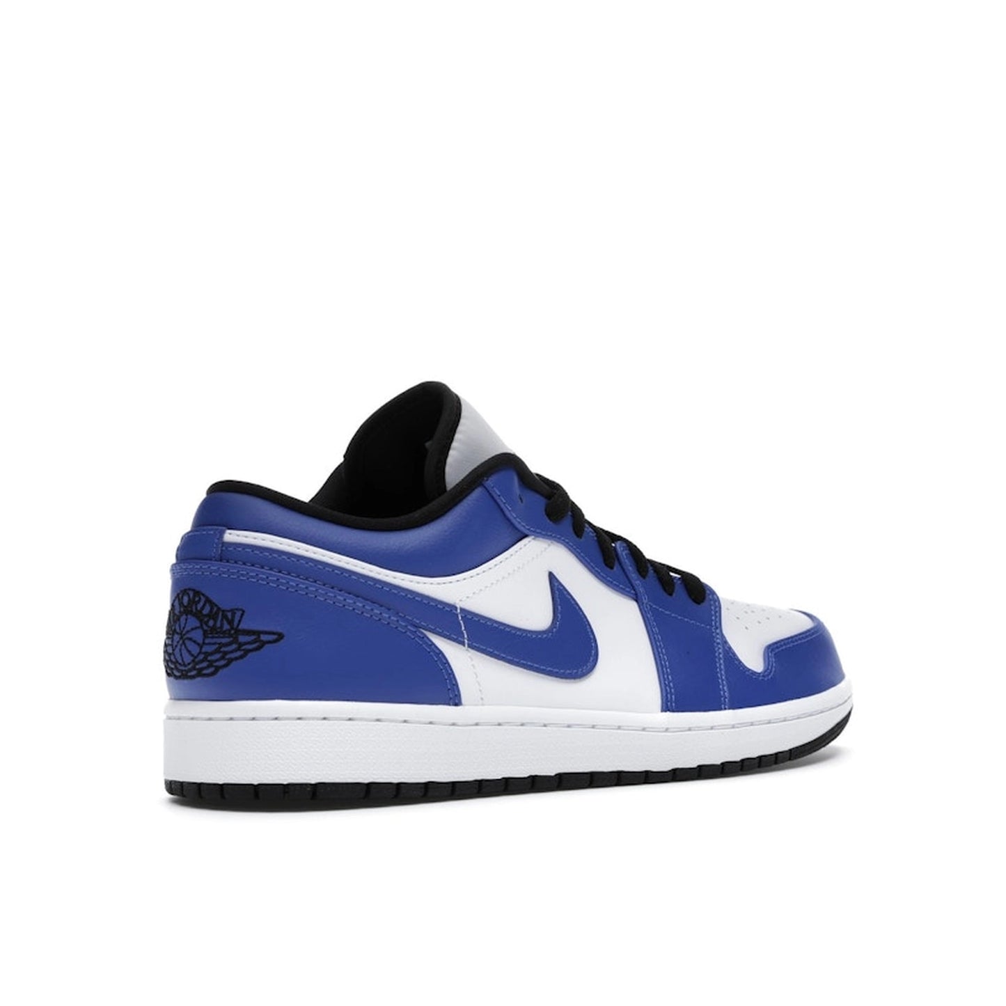 Jordan 1 Low Game Royal sneakers, back view, in blue and white with black overlays.