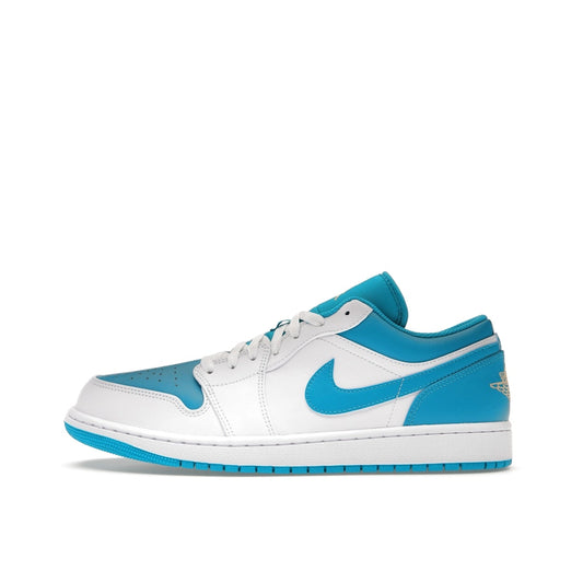 Air Jordan 1 Low sneakers, side view, model 553558-174, aquatone with white and navy accents.