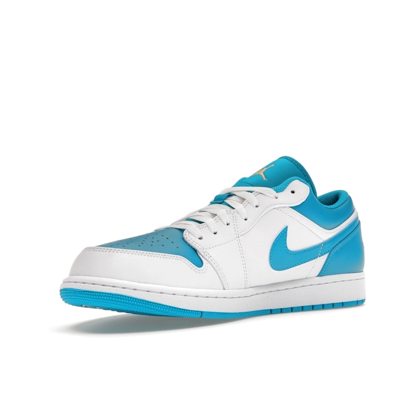 Air Jordan 1 Low sneakers, front view, model 553558-174, aquatone with white and navy accents.