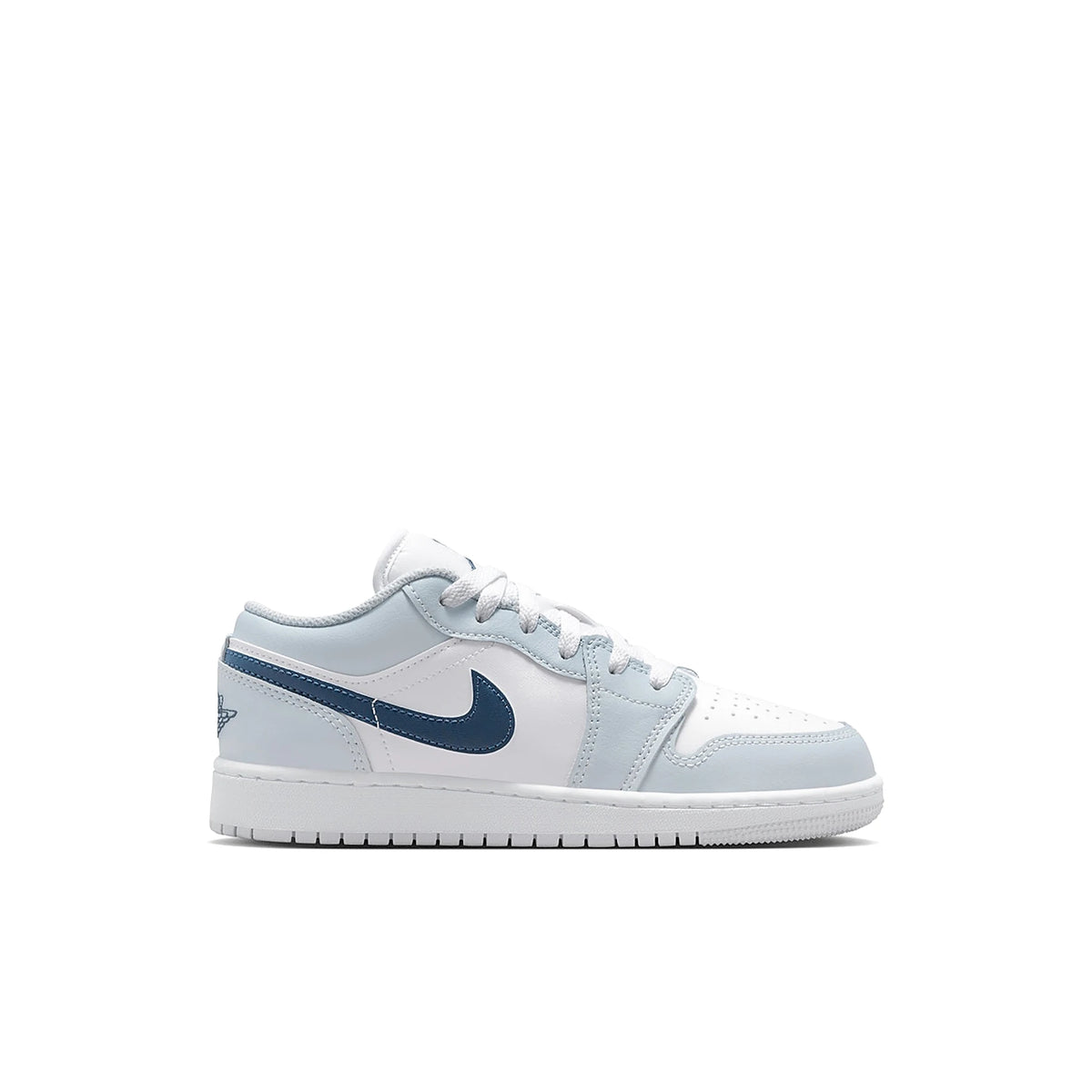 Jordan 1 Low kids sneaker in white leather with aura and squadron blue accents
