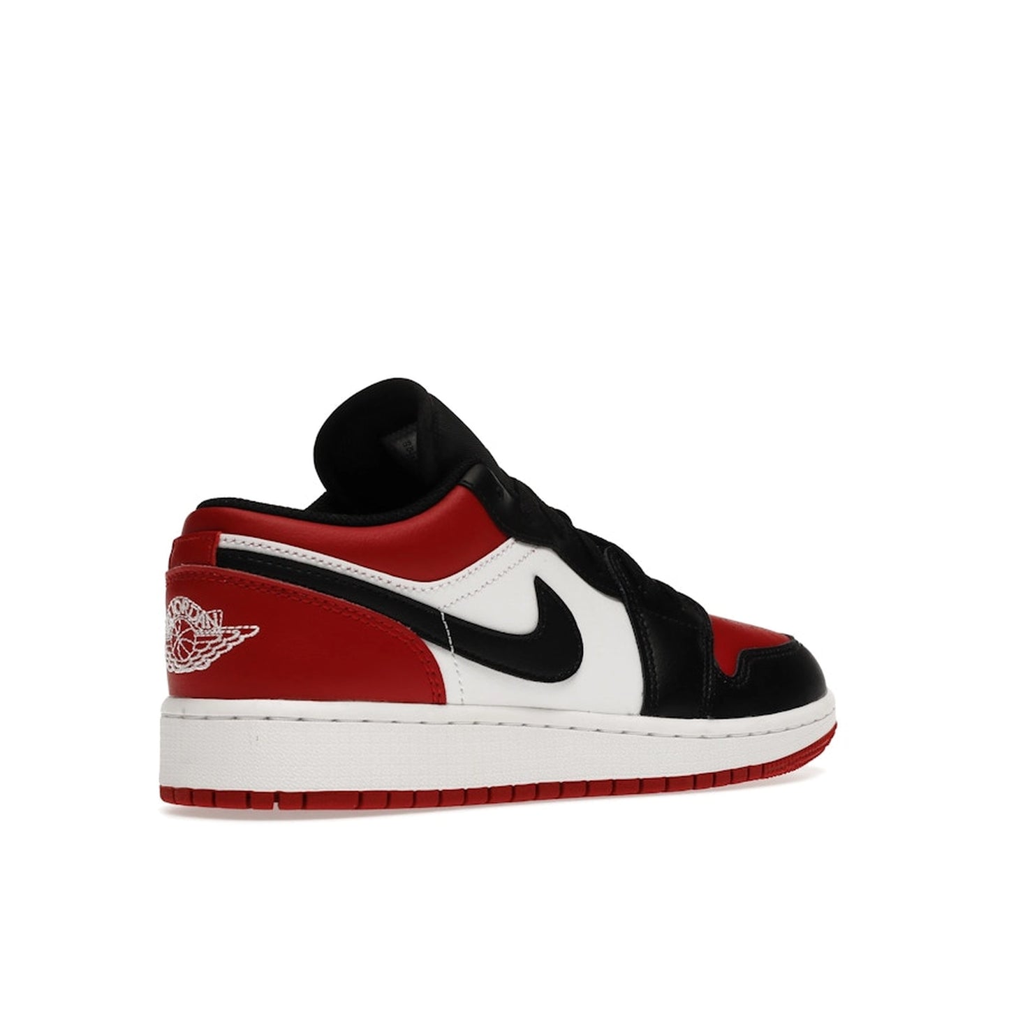 Jordan 1 Low GS sneakers, back view, in black, red, and white bred toe colorway.