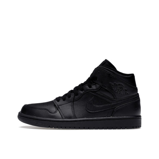 Jordan 1 Mid Triple Black sneakers, side view, in all-black leather.