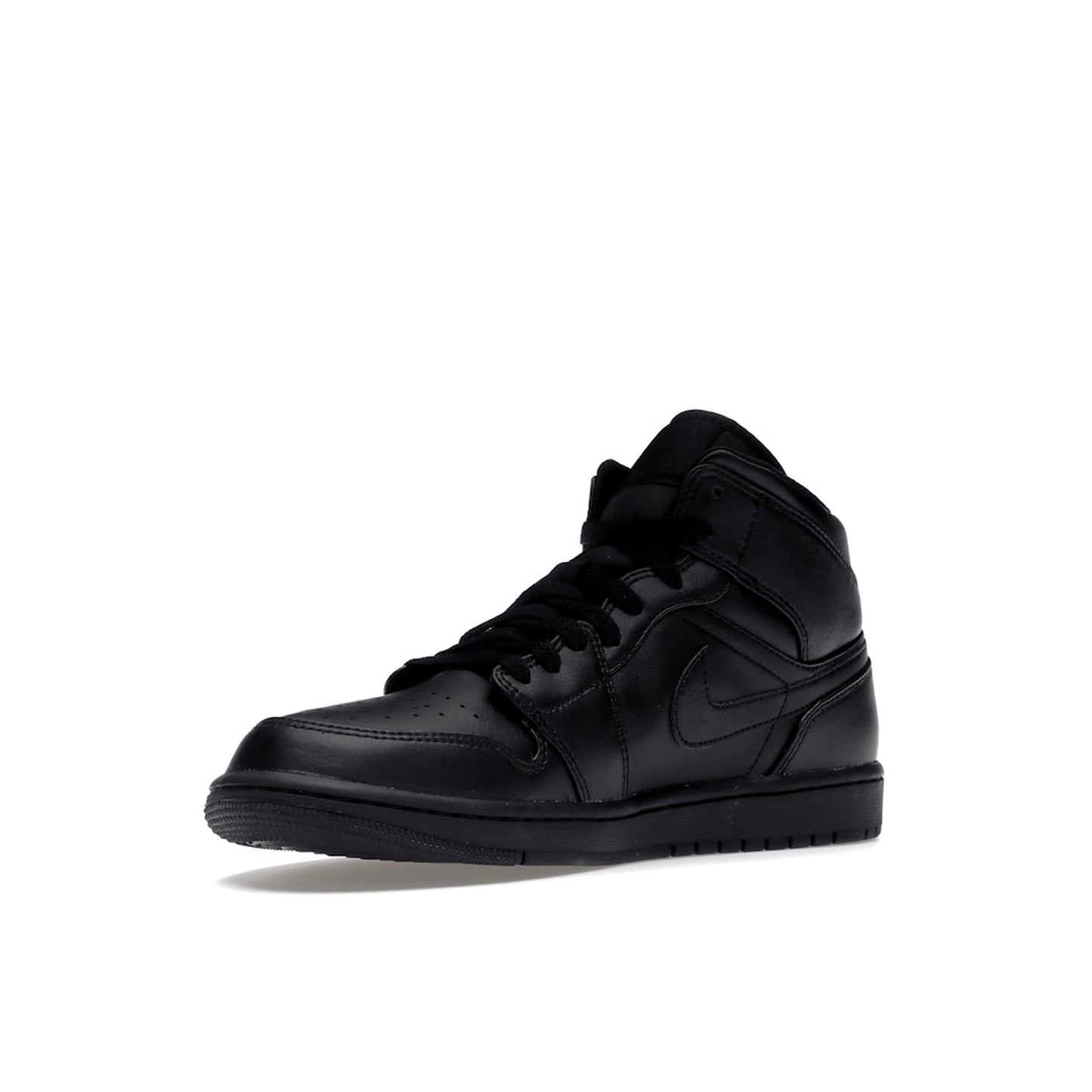 Jordan 1 Mid Triple Black sneakers, front view, in all-black leather.