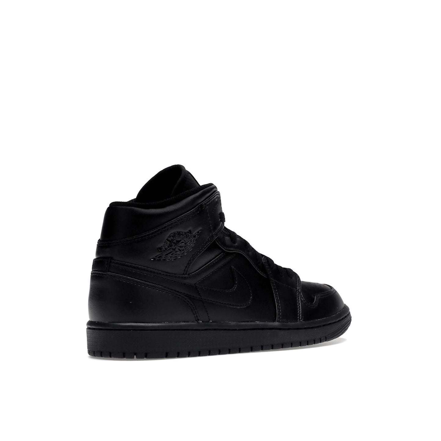 Jordan 1 Mid Triple Black sneakers, back view, in all-black leather.