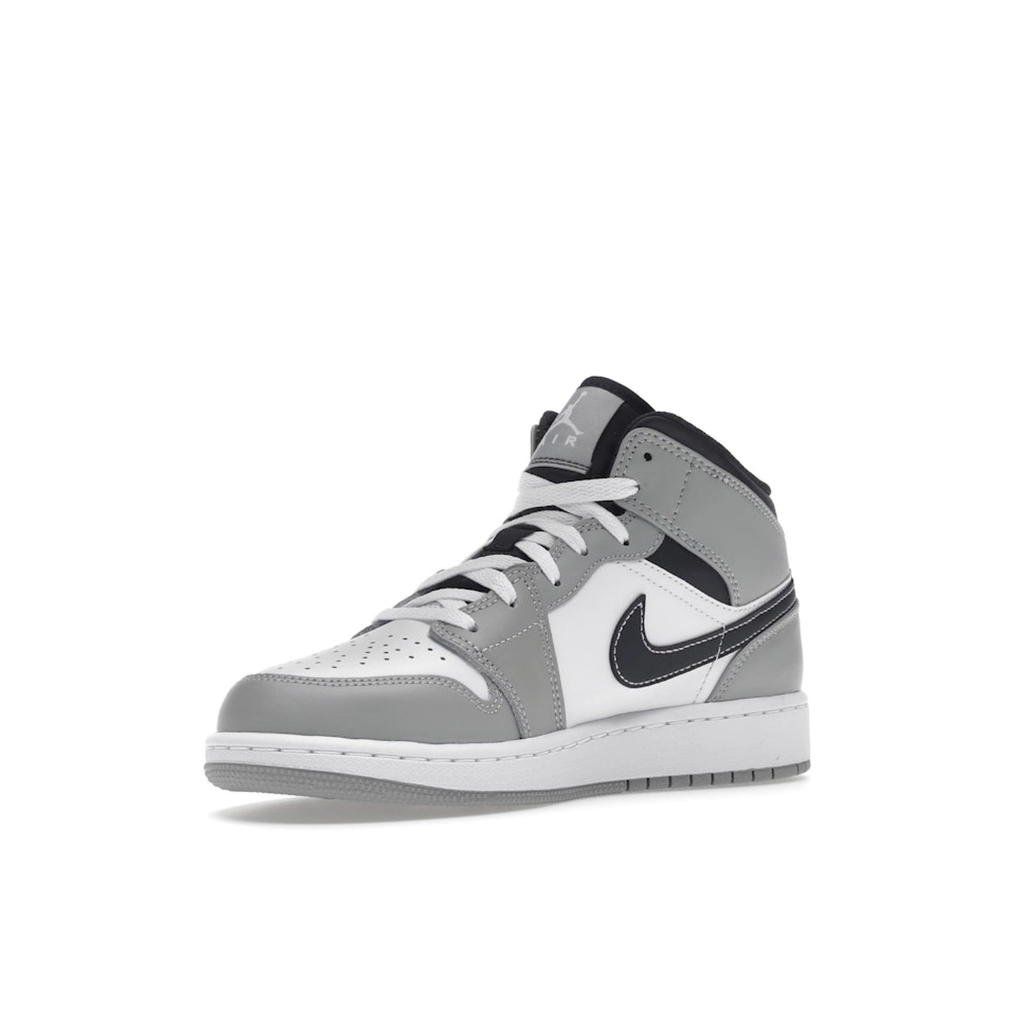 Jordan 1 Mid sneakers (GS), front view, model 554725-078, in light smoke grey with black and white accents.
