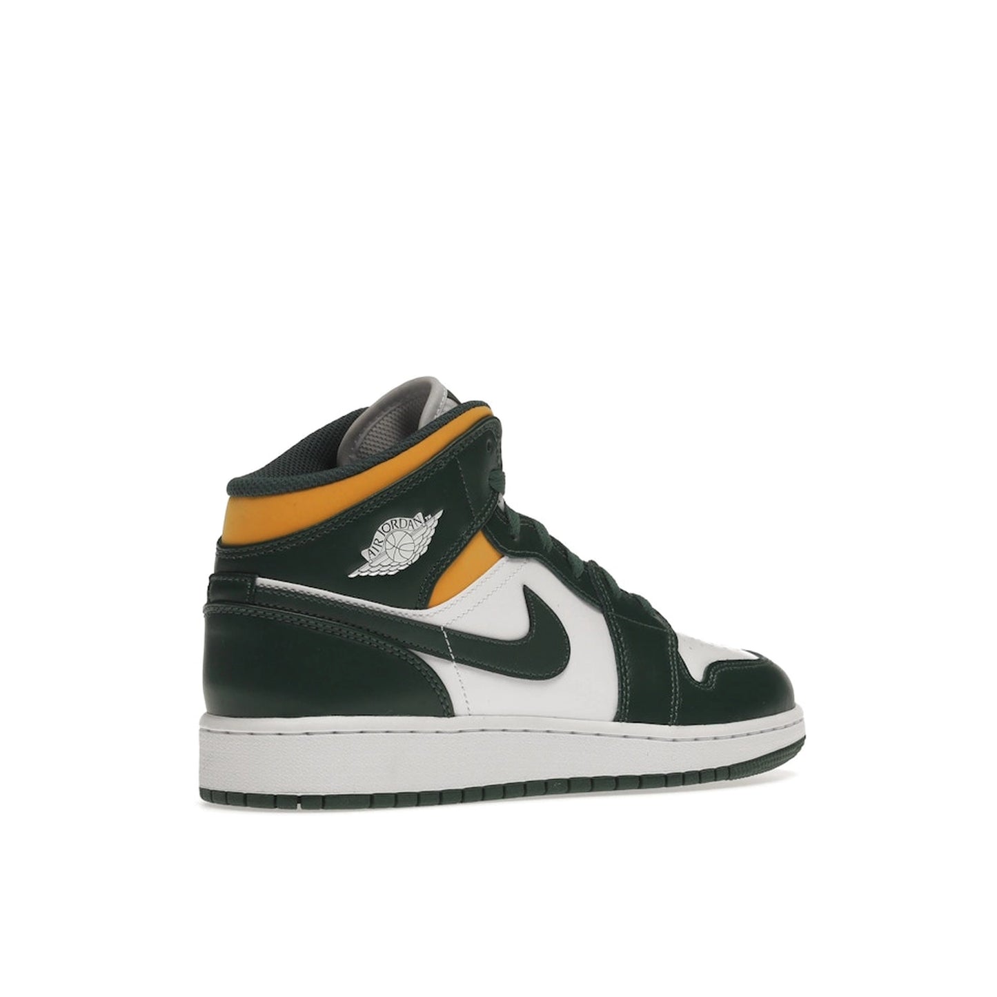 Jordan 1 Mid GS sneakers, back view, in green with yellow accents and white base.
