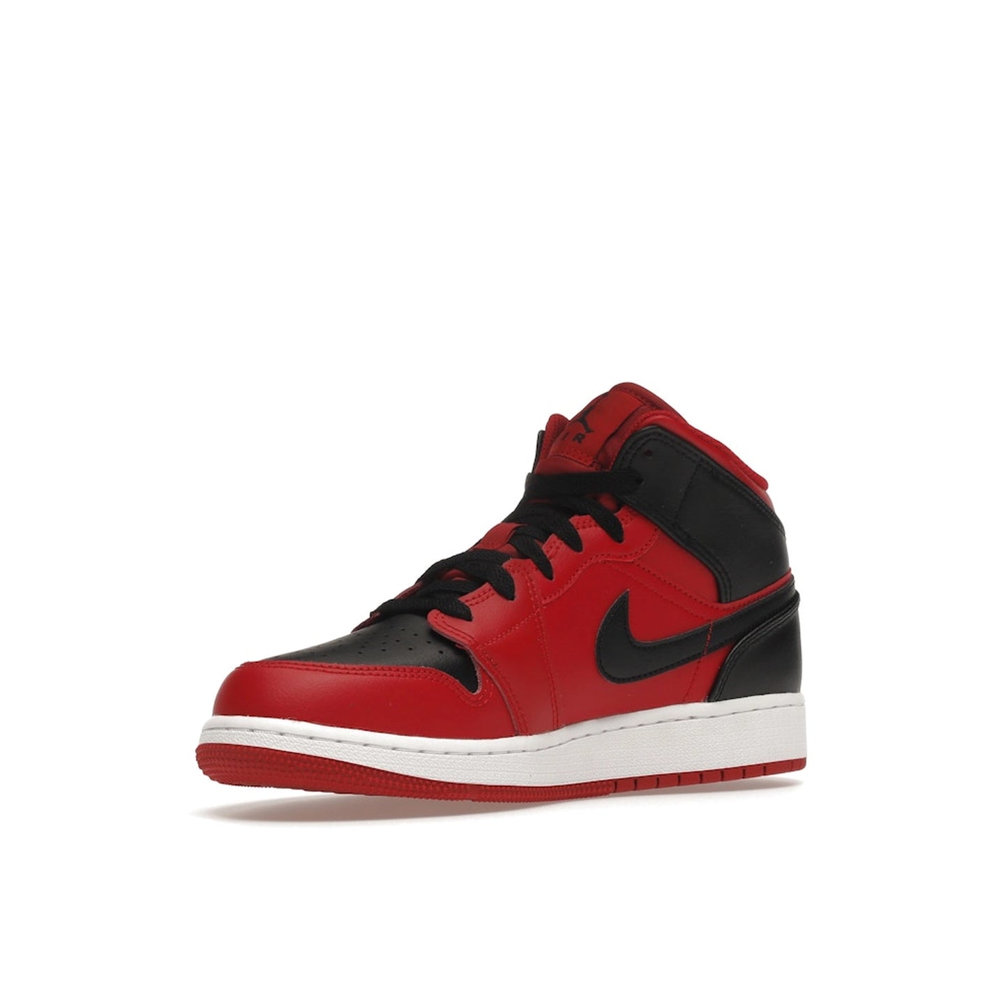 Jordan 1 Mid GS sneakers, front view, in red with black accents and white midsole.