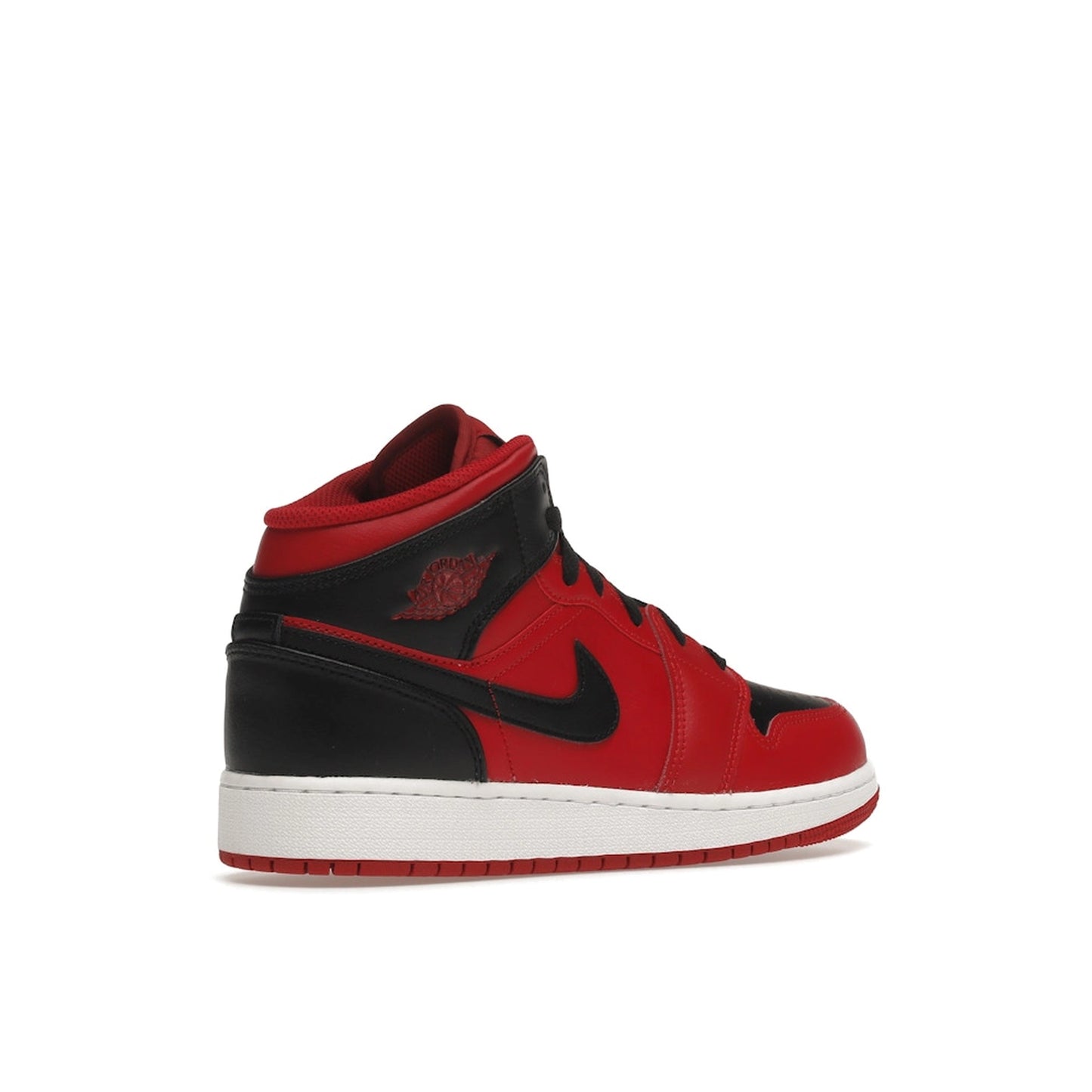Jordan 1 Mid GS sneakers, back view, in red with black accents and white midsole.