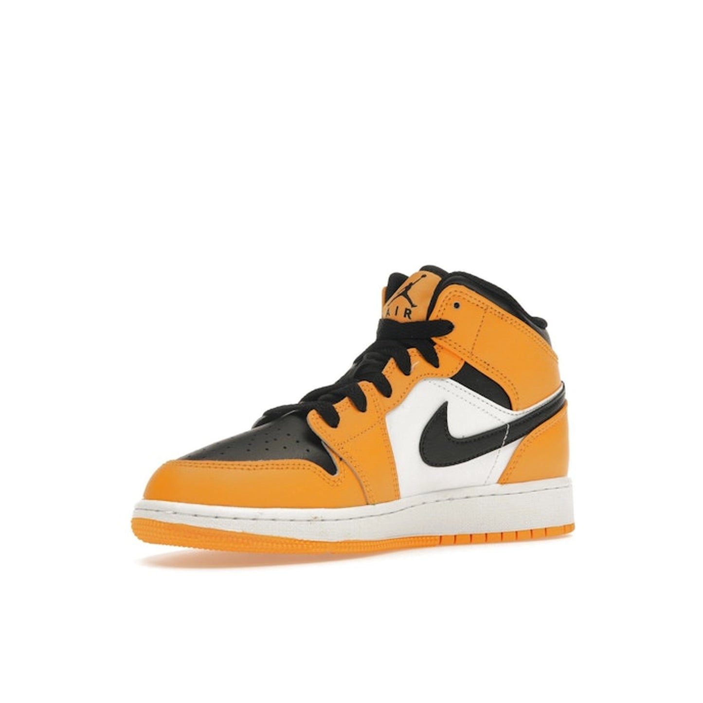 Jordan 1 Mid GS sneakers, front view, in yellow and black with classic Jordan design.