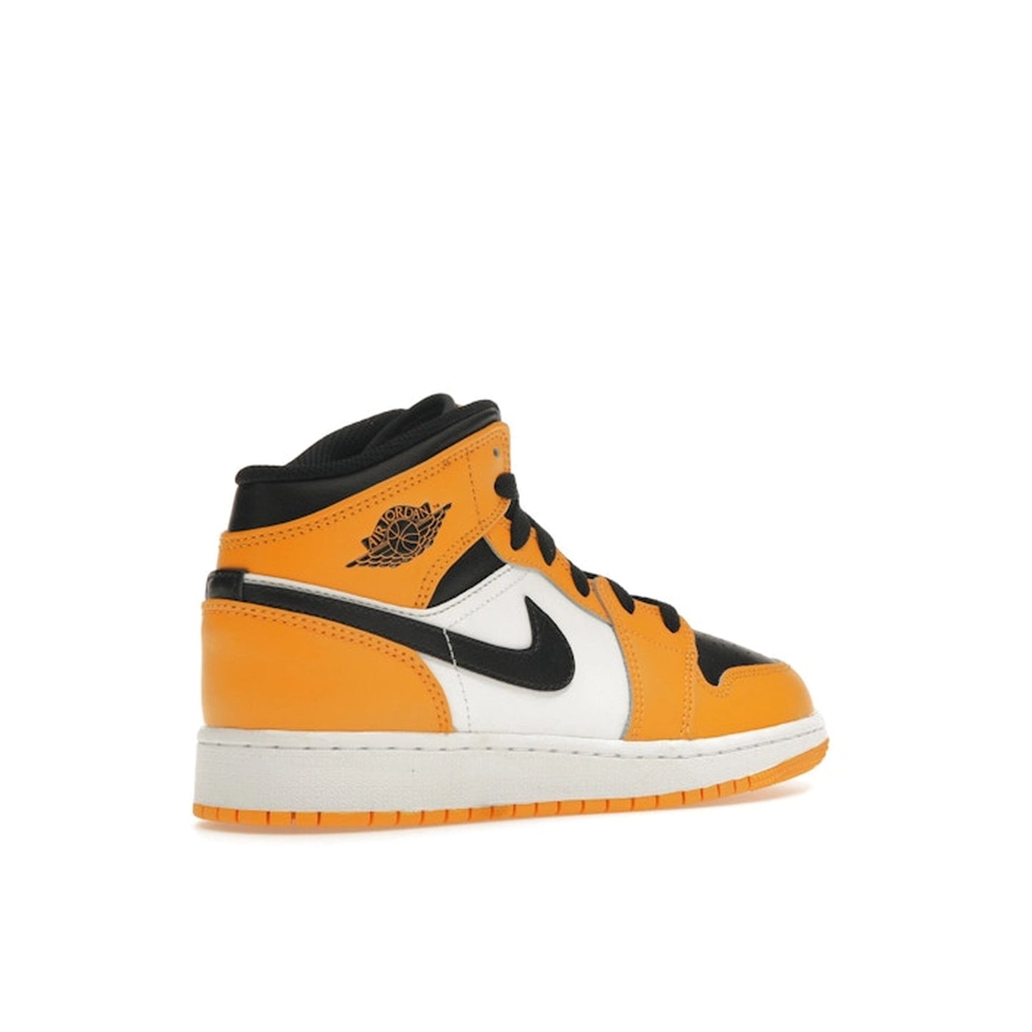 Jordan 1 Mid GS sneakers, back view, in yellow and black with classic Jordan design.