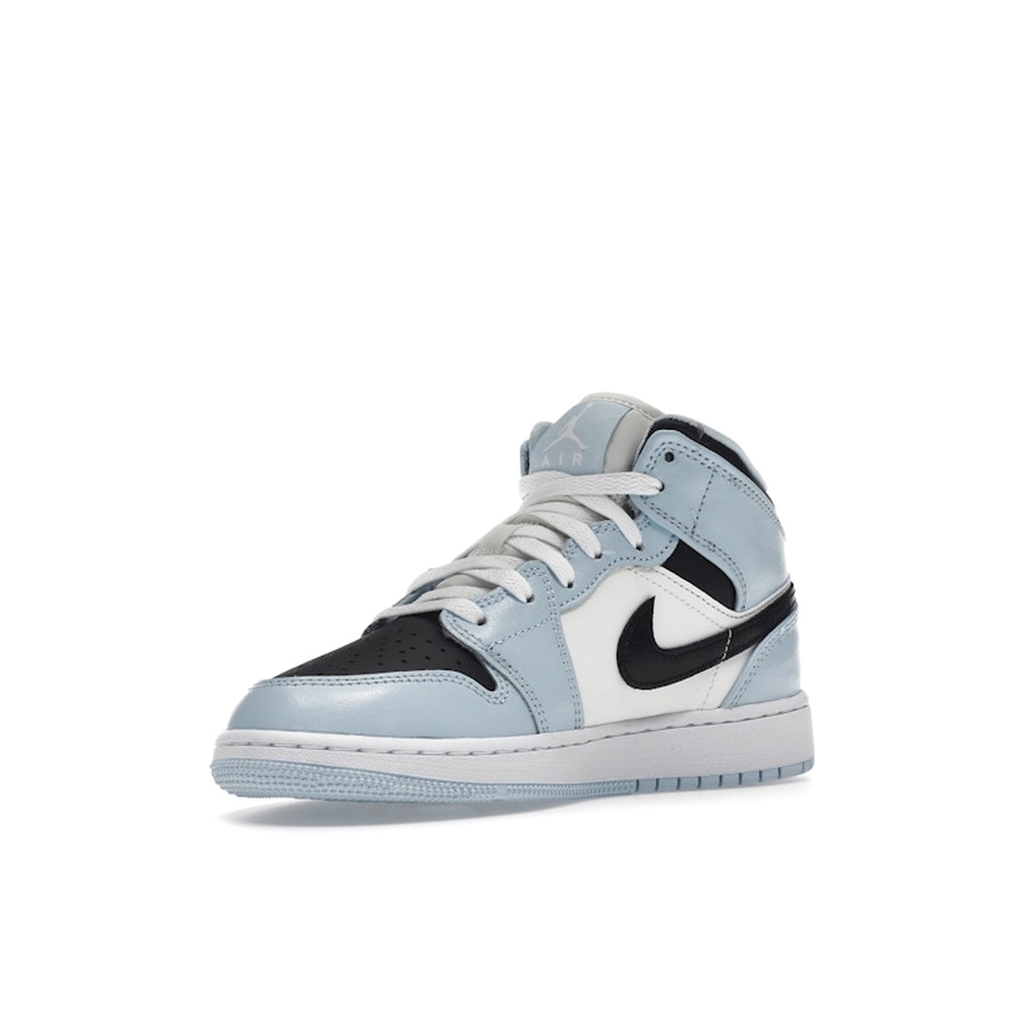 Jordan 1 Mid Ice Blue GS sneakers, front view, in ice blue with white and black details.