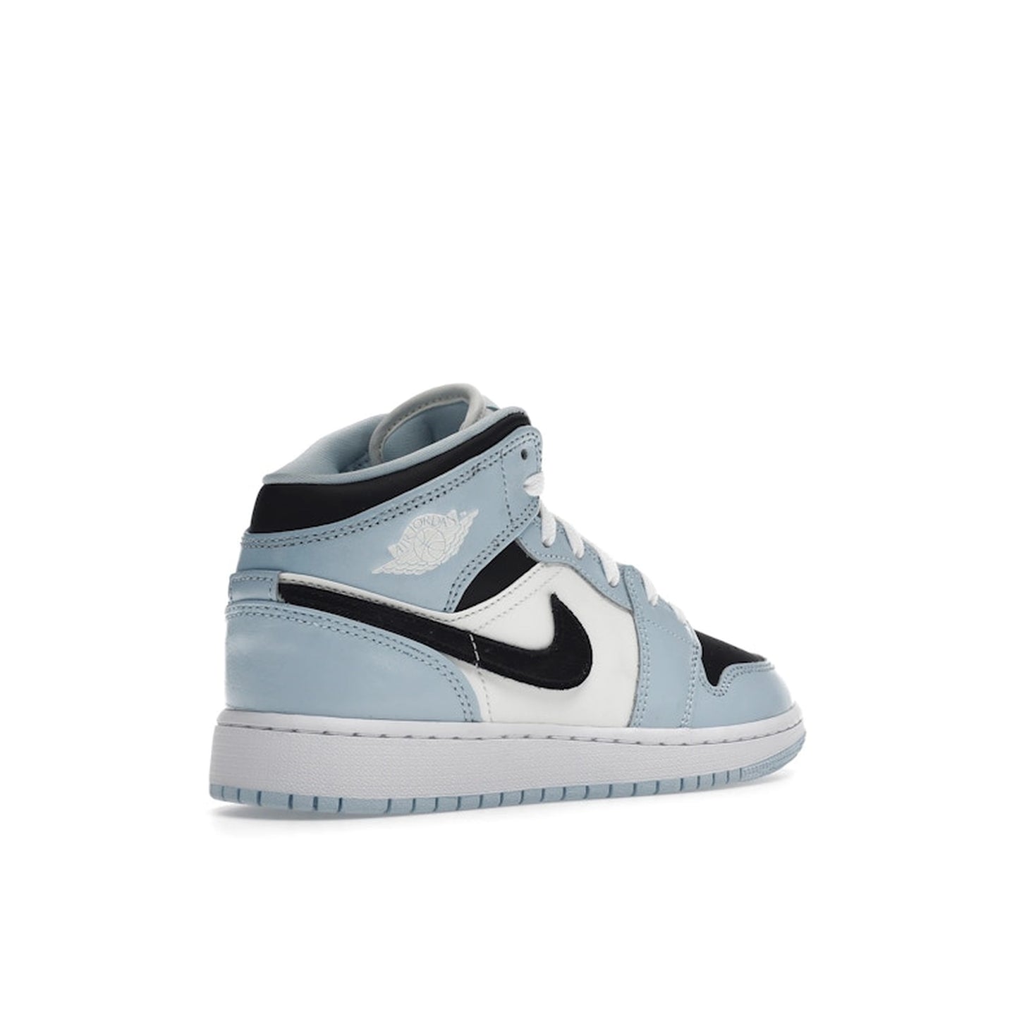 Jordan 1 Mid Ice Blue GS sneakers, back view, in ice blue with white and black details.