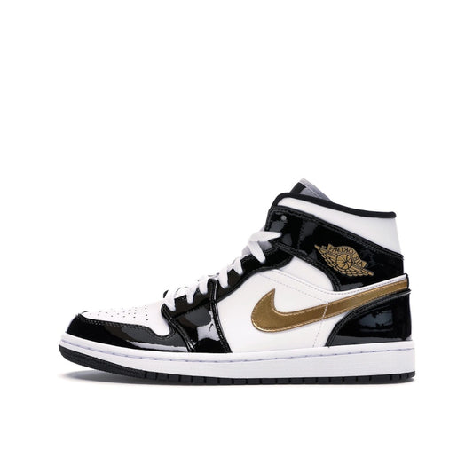 Jordan 1 Mid Patent Black White Gold sneakers, side view, model 852542-007, black, white, gold patent leather.