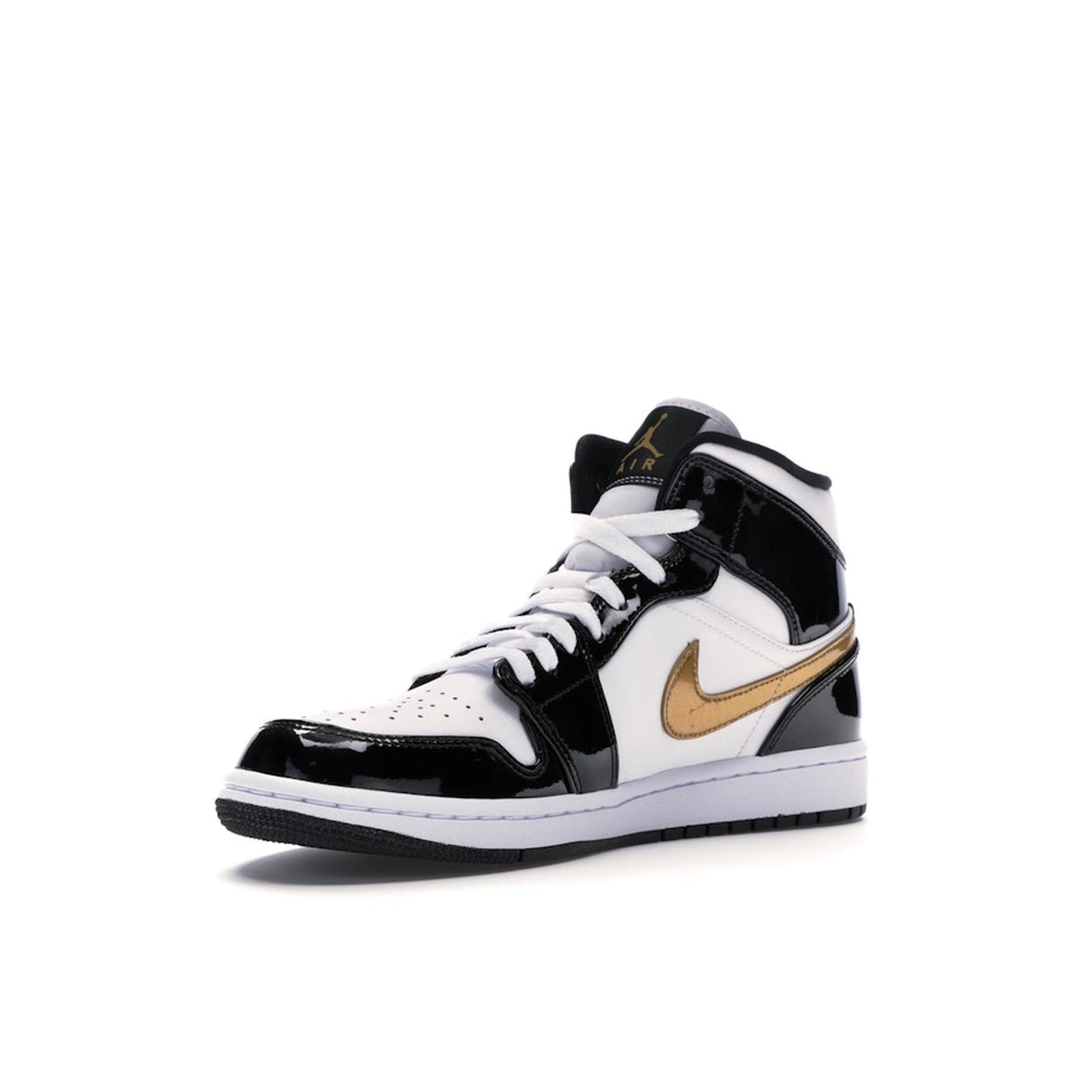 Jordan 1 Mid Patent Black White Gold sneakers, front view, model 852542-007, black, white, gold patent leather.