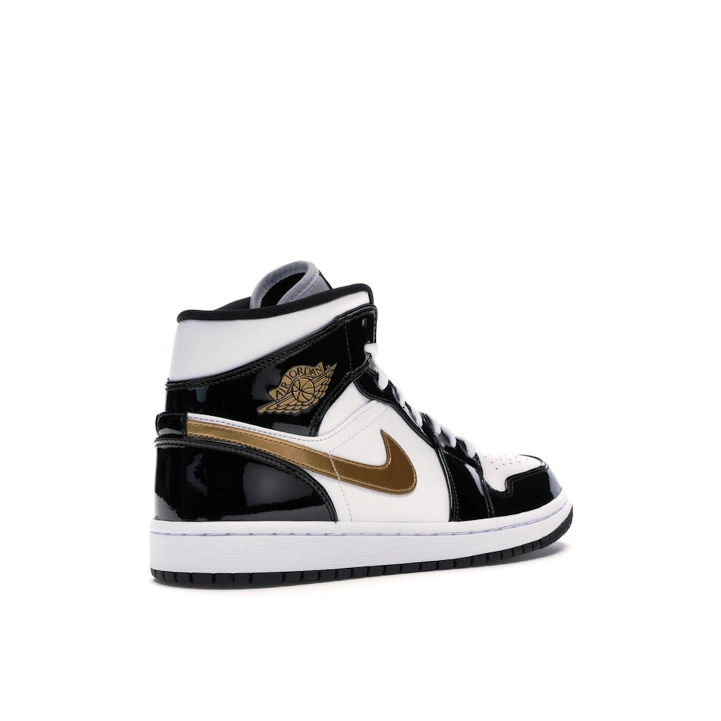 Jordan 1 Mid Patent Black White Gold sneakers, back view, model 852542-007, black, white, gold patent leather.