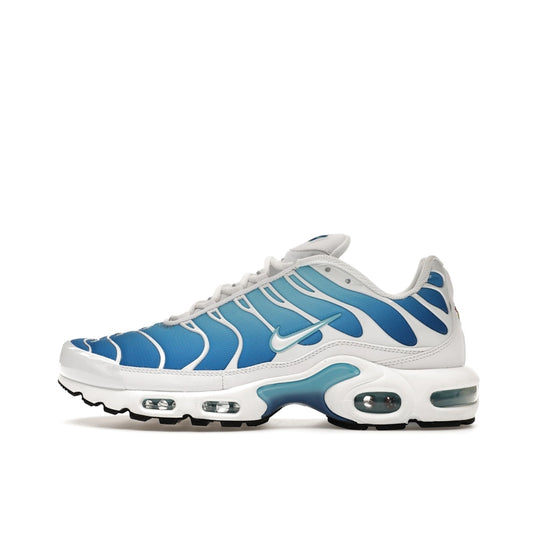 Nike Air Max Plus sneakers, side view, model 852630-411, in sky blue with black accents.