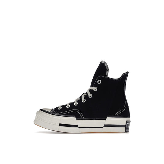 Converse Chuck Taylor All Star 70 Hi Plus sneakers, side view, model A00916C-1, black canvas with white details.