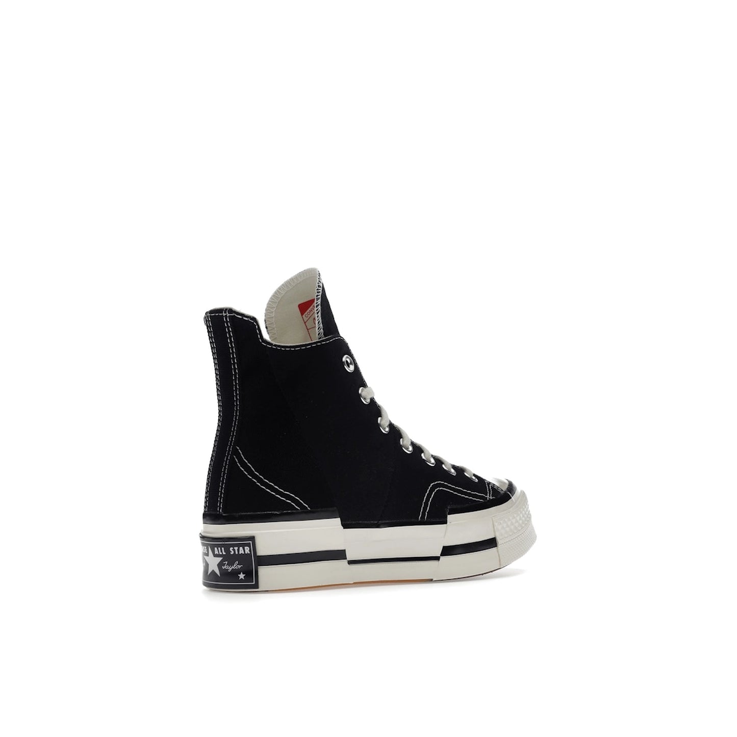 Converse Chuck Taylor All Star 70 Hi Plus sneakers, back view, model A00916C-1, black canvas with white details.