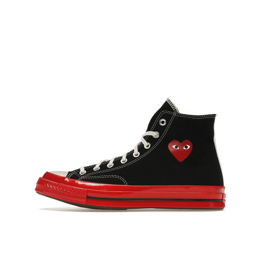 Converse Chuck Taylor All Star 70 Hi CDG Play sneakers, side view, model A01793C, black with red midsole.