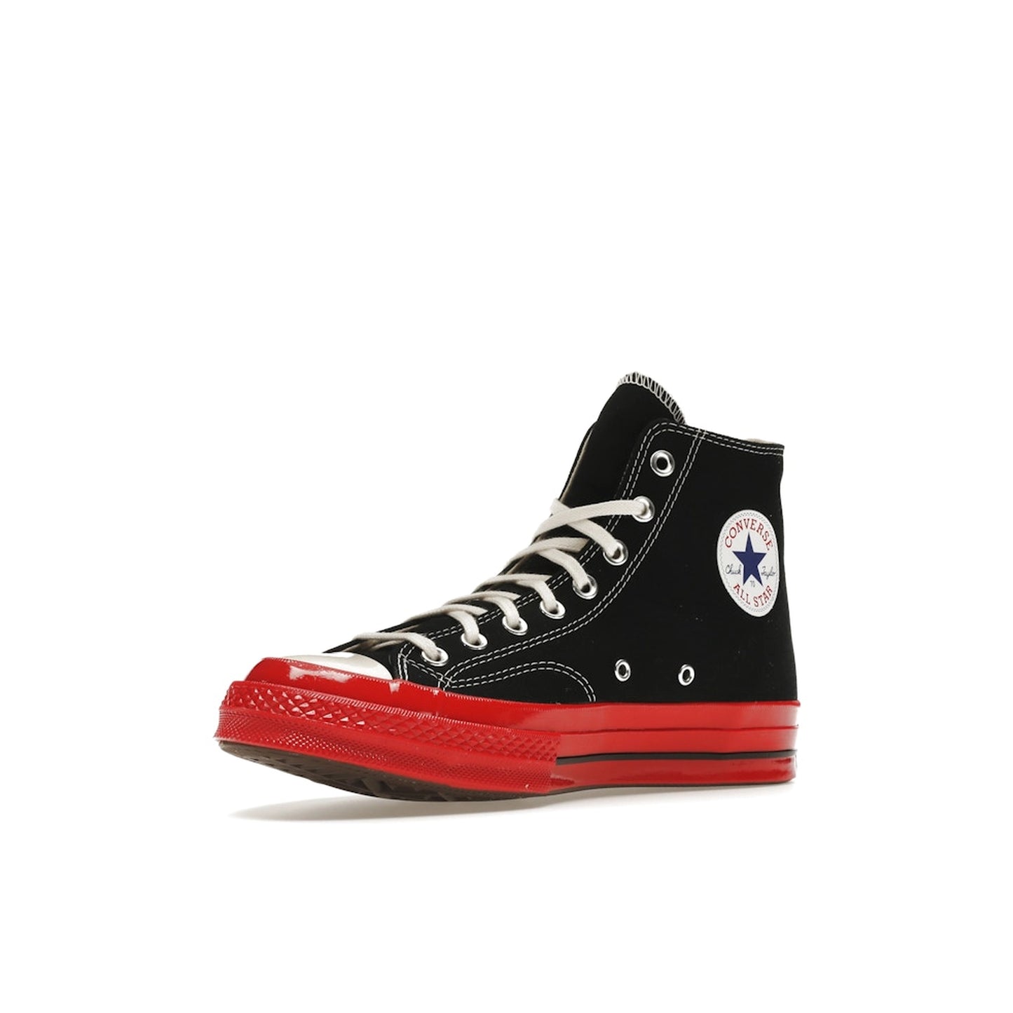 Converse Chuck Taylor All Star 70 Hi CDG Play sneakers, front view, model A01793C, black with red midsole.