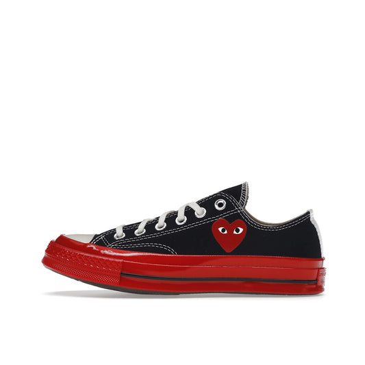 Converse Chuck Taylor All Star 70 Ox CDG Play sneakers, top view, model A01795C, black with red midsole and heart logo.