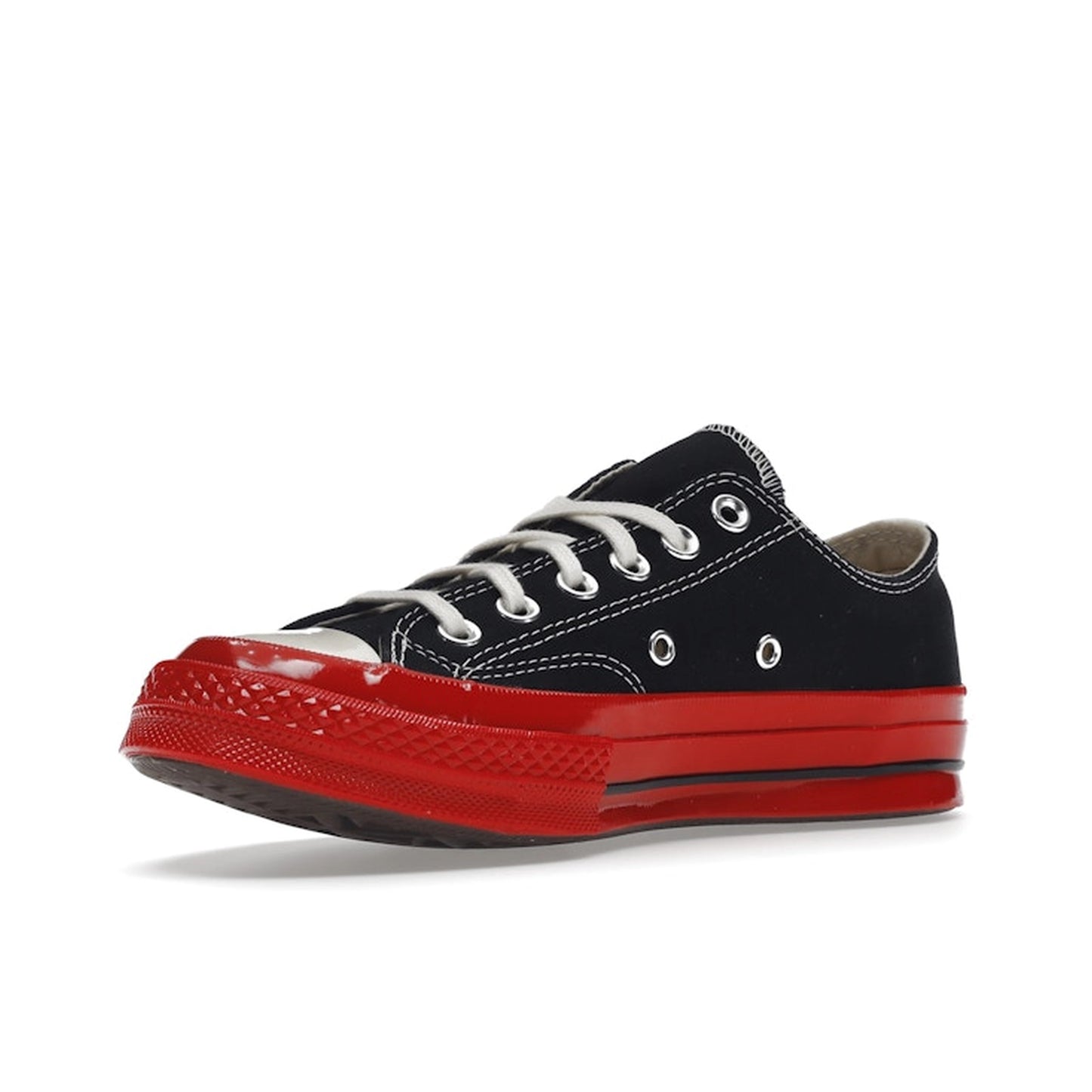 Converse Chuck Taylor All Star 70 Ox CDG Play sneakers, top view, model A01795C, black with red midsole and heart logo.