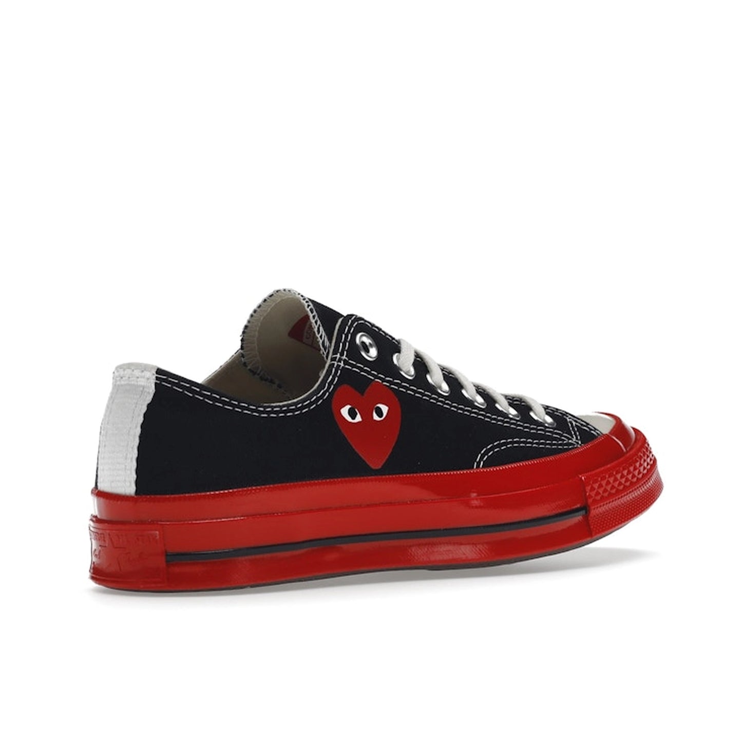 Converse Chuck Taylor All Star 70 Ox CDG Play sneakers, top view, model A01795C, black with red midsole and heart logo.