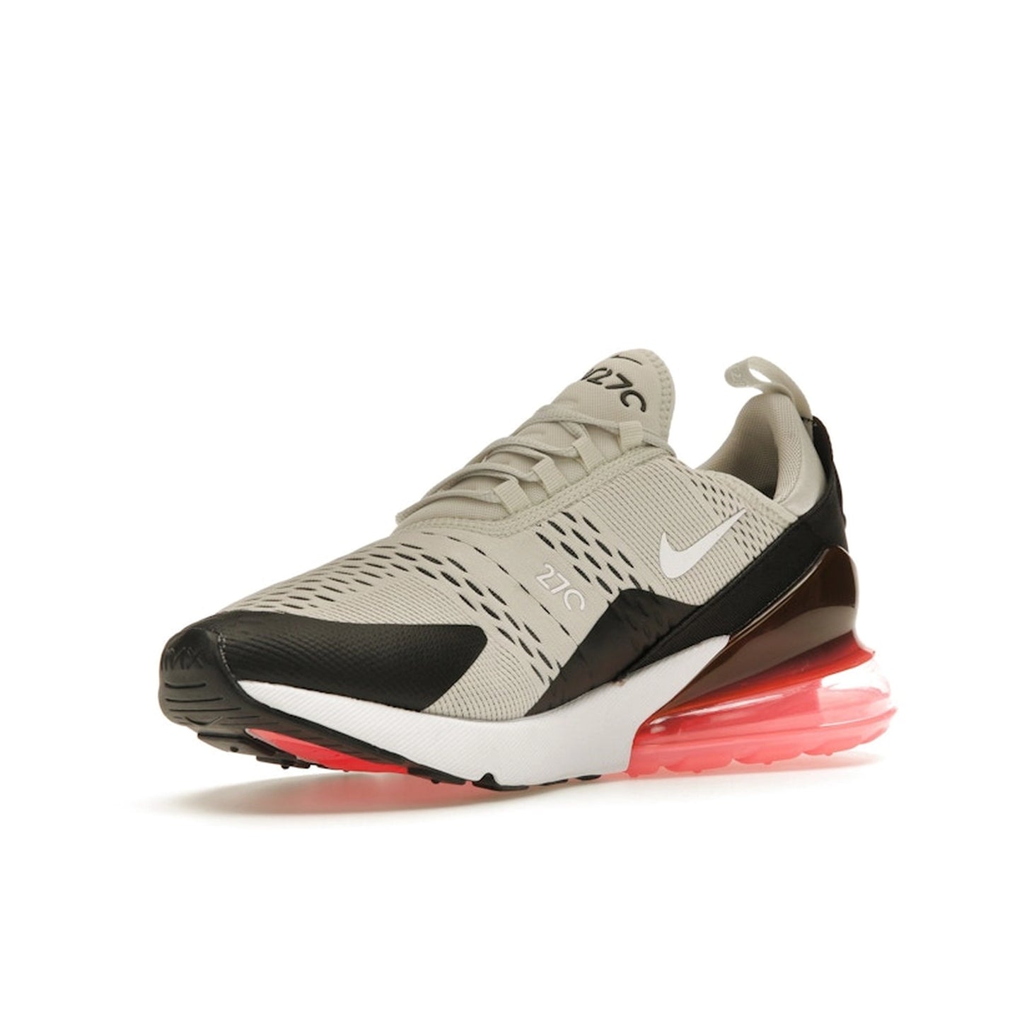 Nike Air Max 270, front view, in light bone tones and bold hot punch heel bubble.