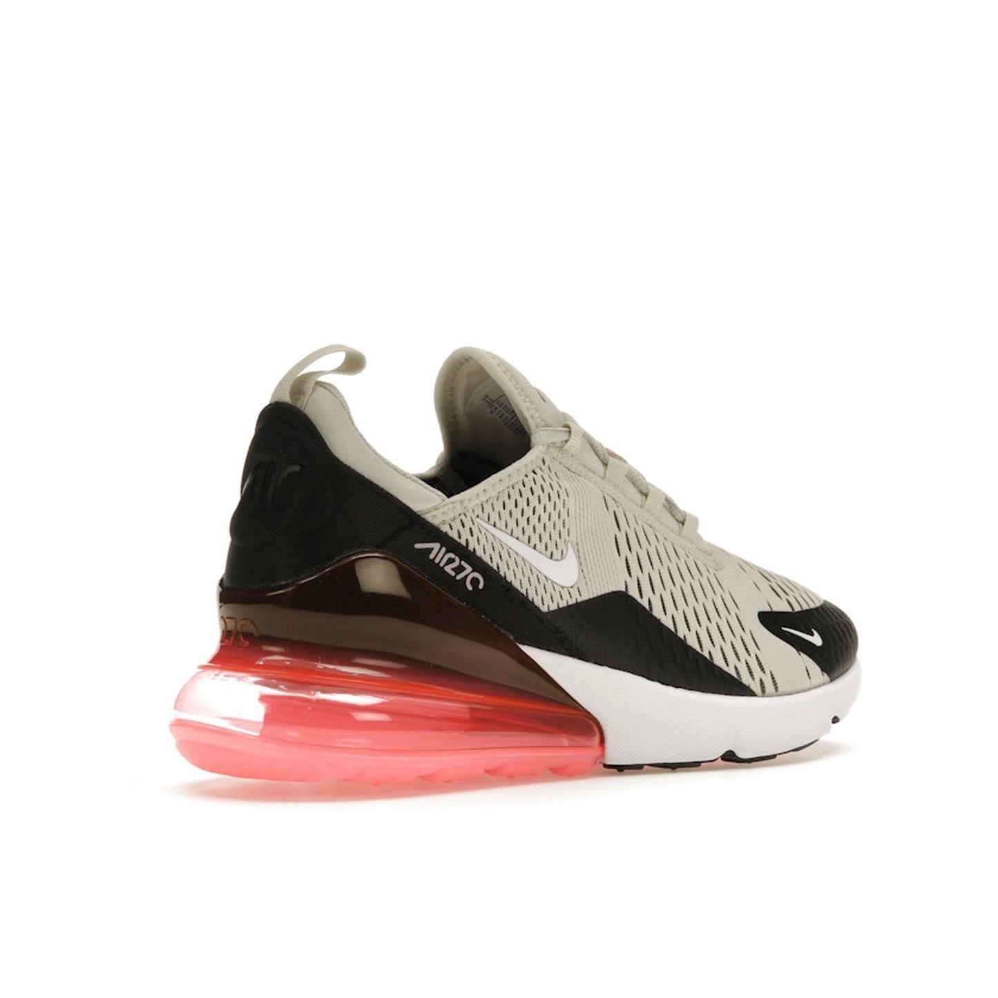 Nike Air Max 270, back view, in light bone tones and bold hot punch heel bubble.