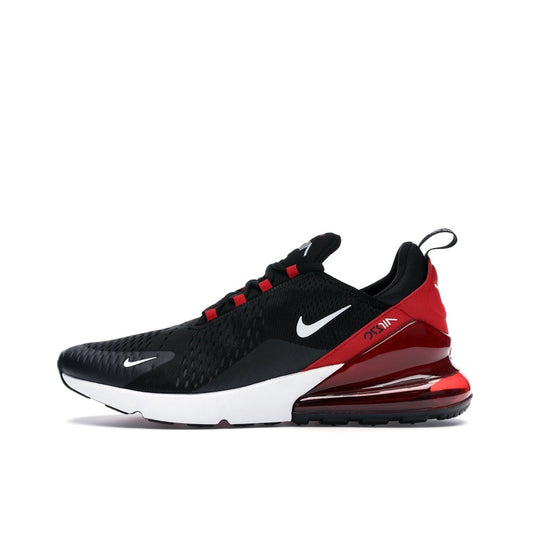 Nike Air Max 270, side view, in rich black with tonal details and a glossy Max Air heel.