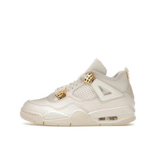Jordan 4 Retro Metallic Gold Women's sneakers, side view, model AQ9129-170, in white with metallic gold accents.