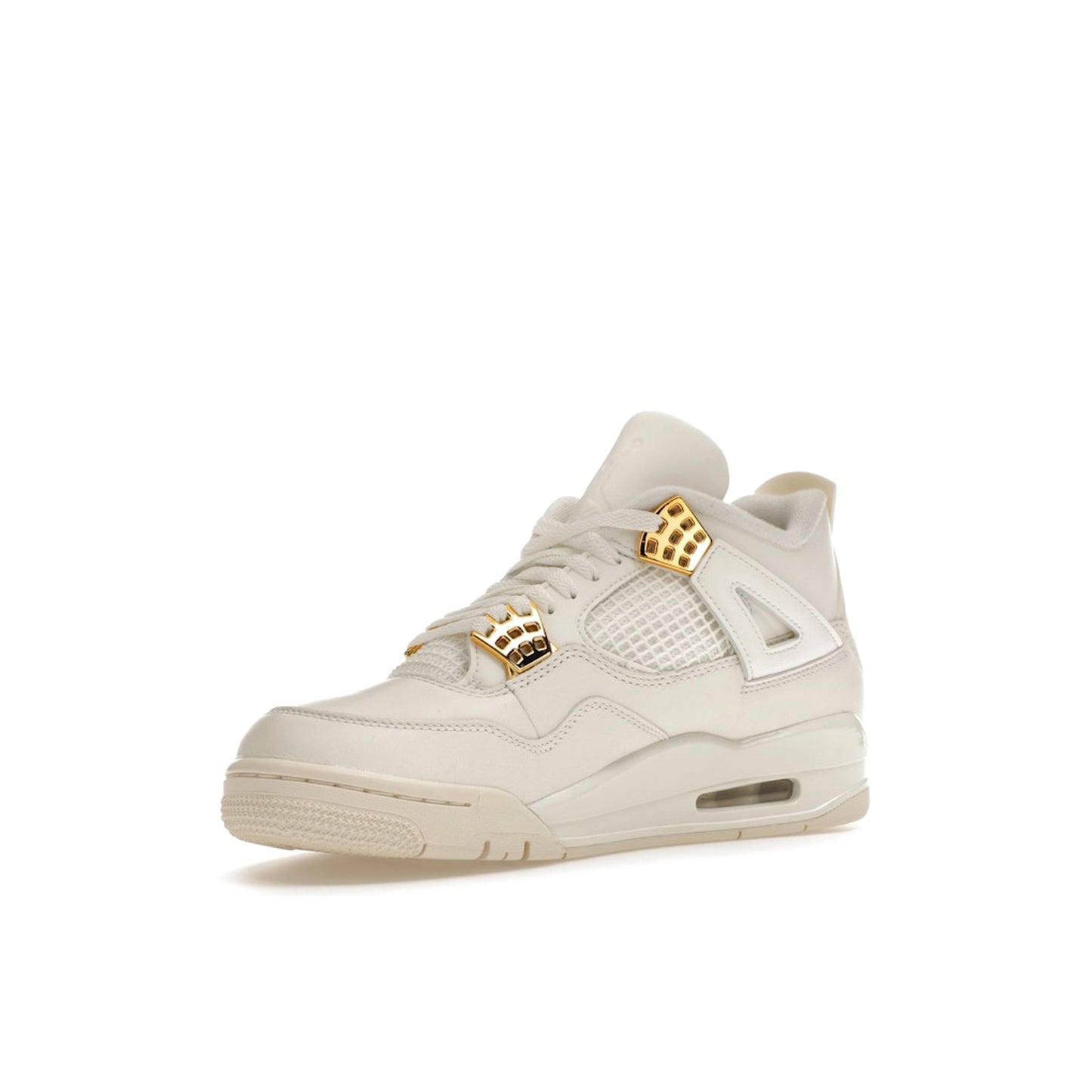 Jordan 4 Retro Metallic Gold Women's sneakers, front view, model AQ9129-170, in white with metallic gold accents.