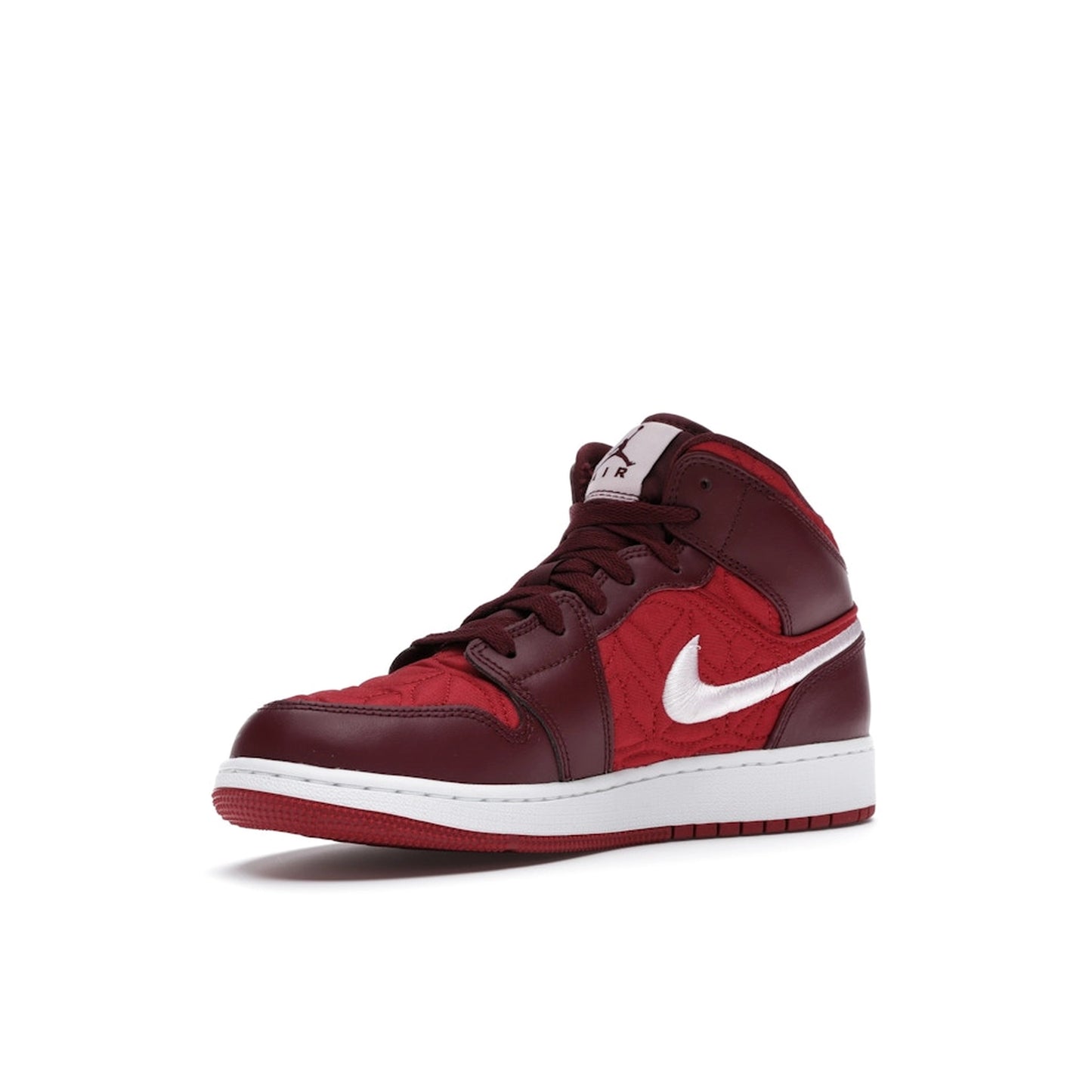 Jordan 1 Mid SE Red Quilt GS sneakers, front view, in red with quilted details.