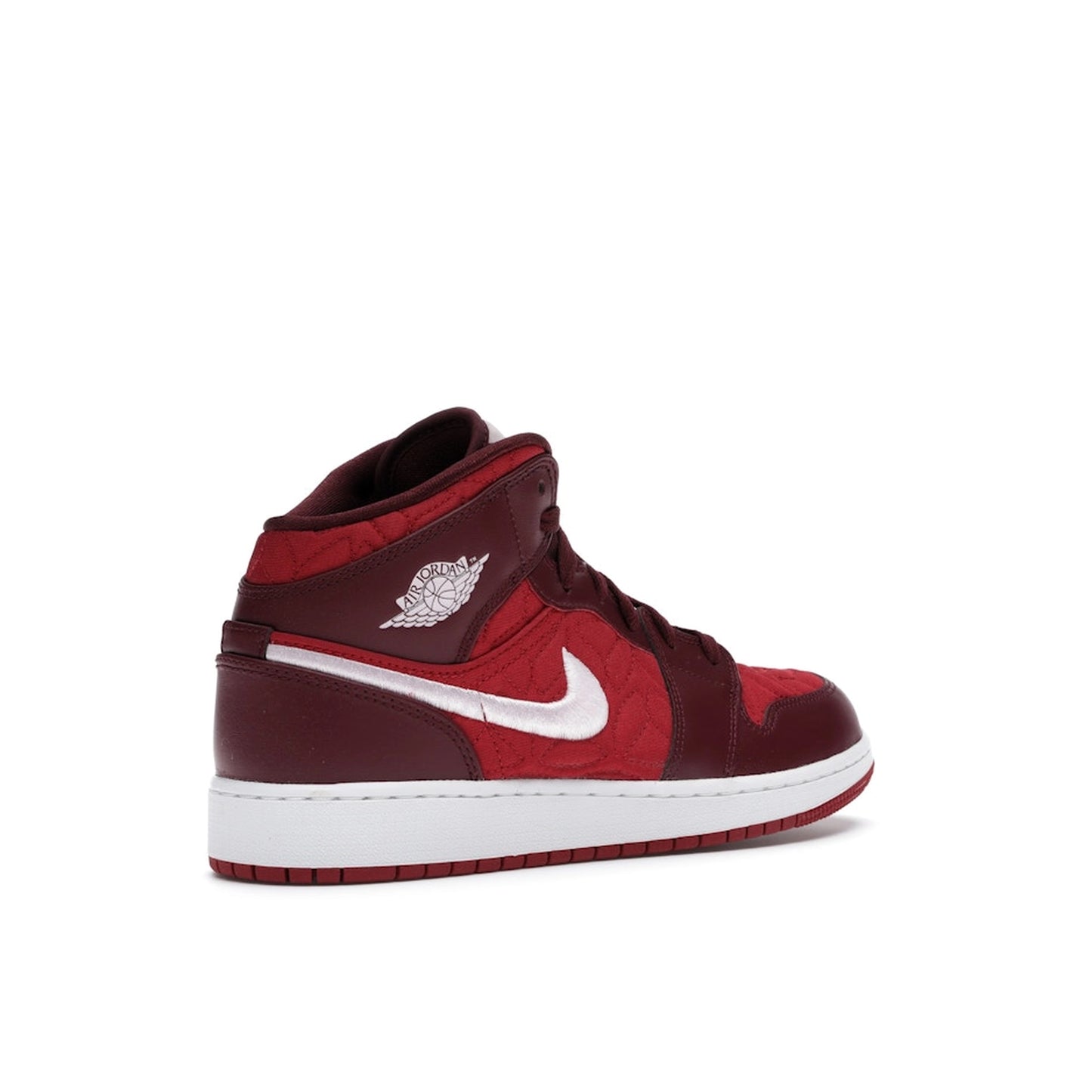Jordan 1 Mid SE Red Quilt GS sneakers, back view, in red with quilted details.
