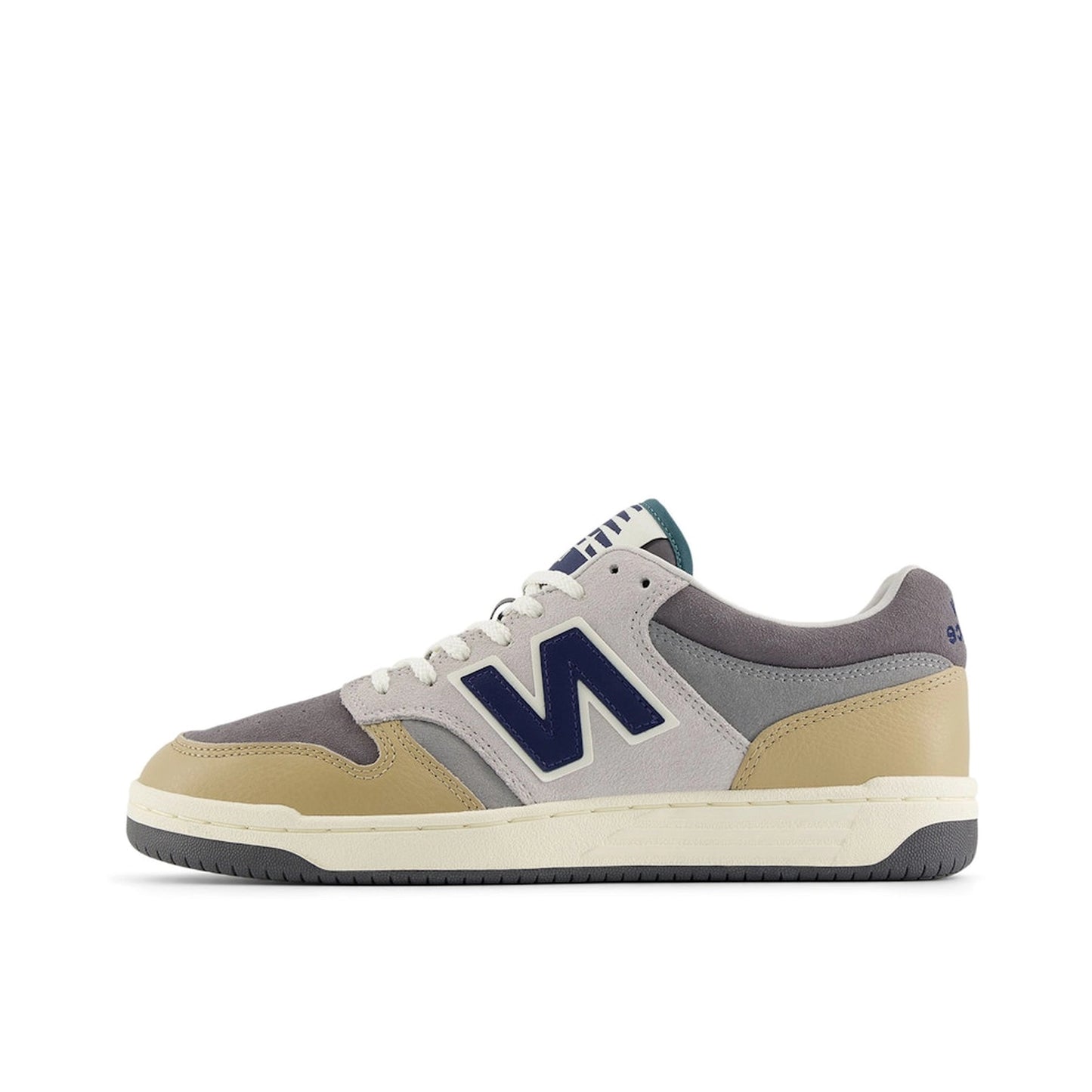 New Balance 480 sneakers, side view, in castlerock grey with brown accents.