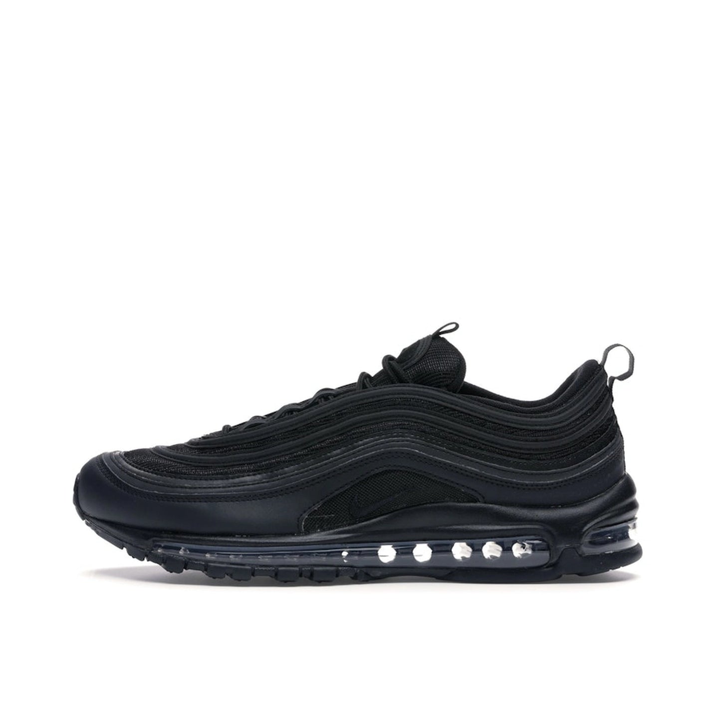 Nike Air Max 97 Triple Black sneakers, side view, featuring an all-black upper and sole.