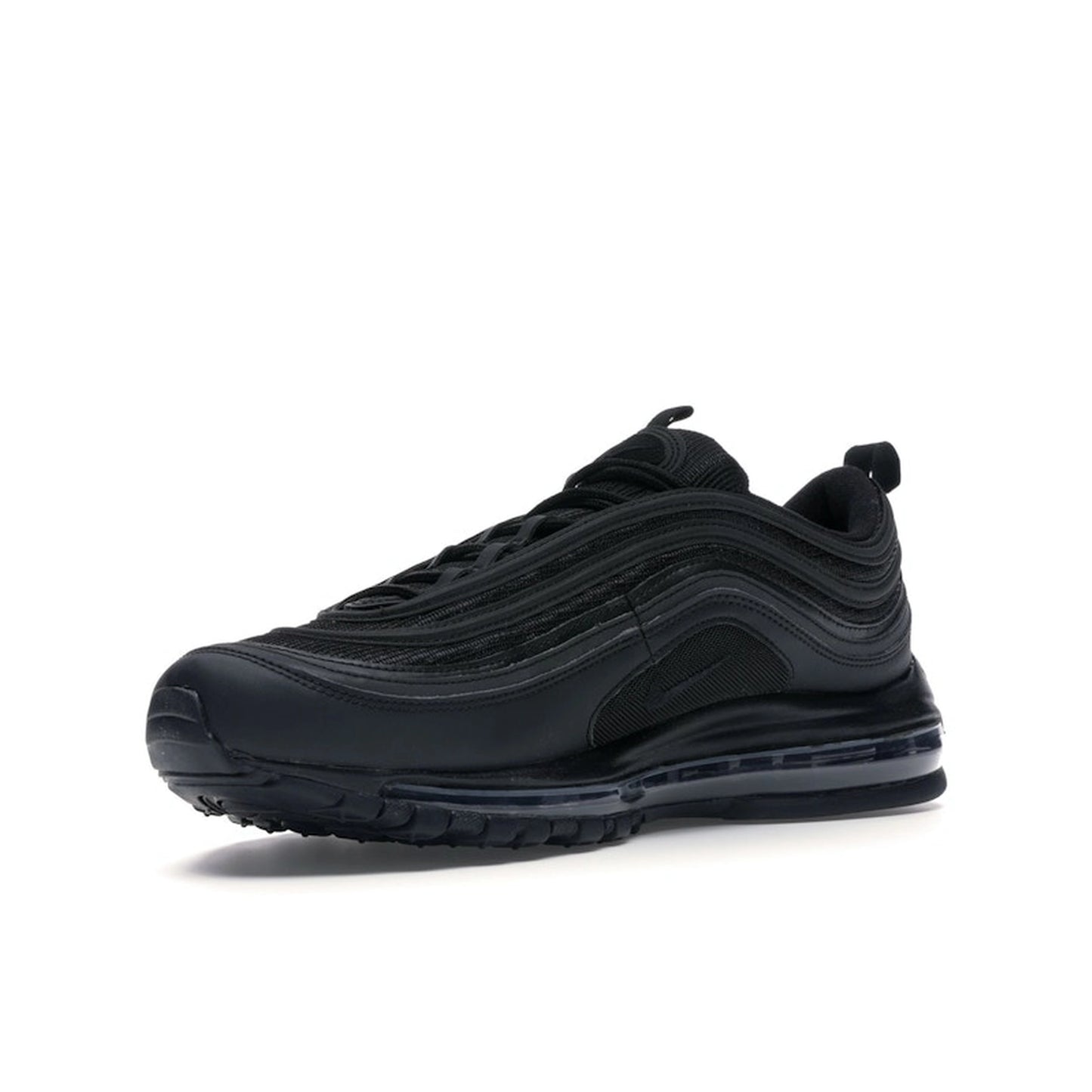Nike Air Max 97 Triple Black sneakers, front view, featuring an all-black upper and sole.