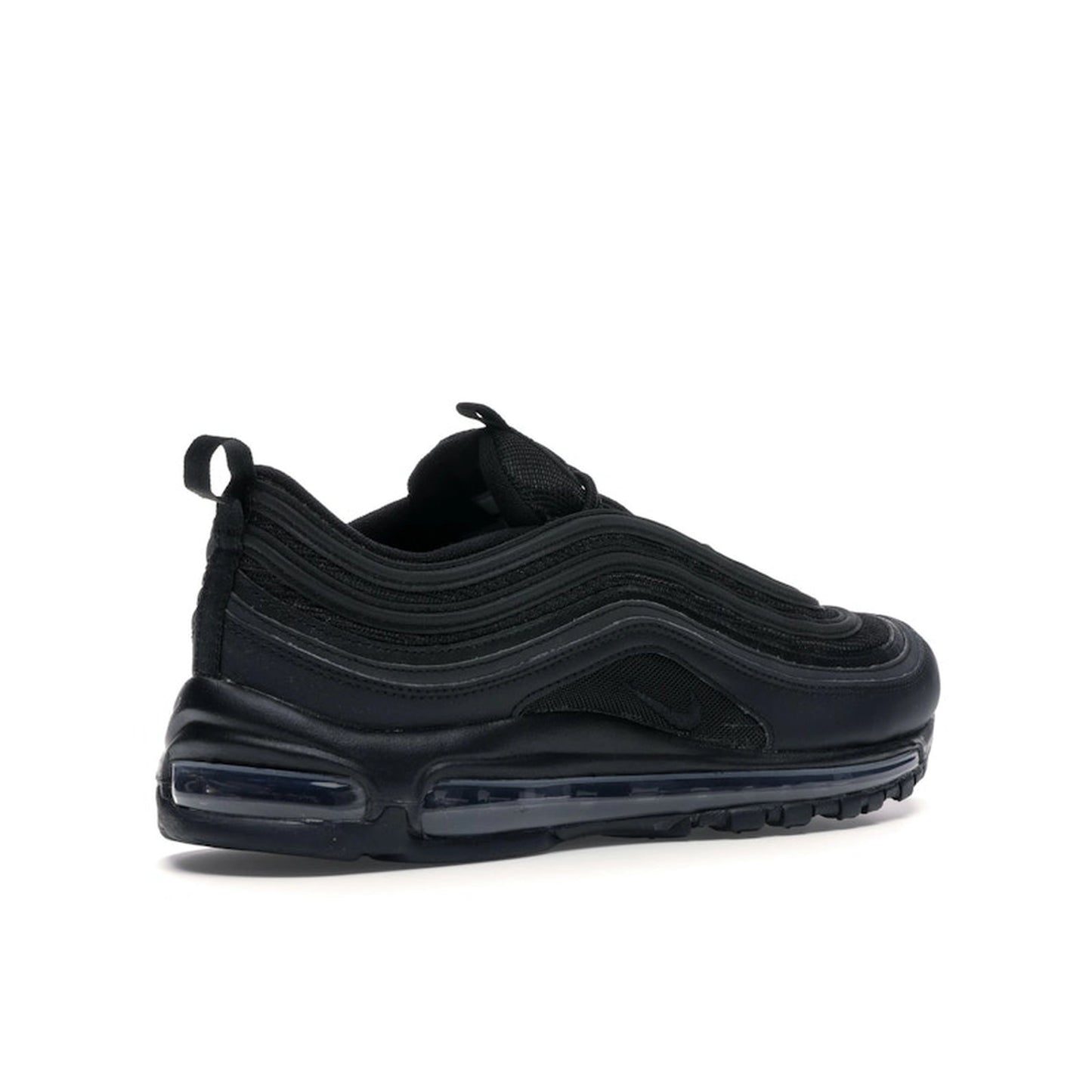 Nike Air Max 97 Triple Black sneakers, back view, featuring an all-black upper and sole.