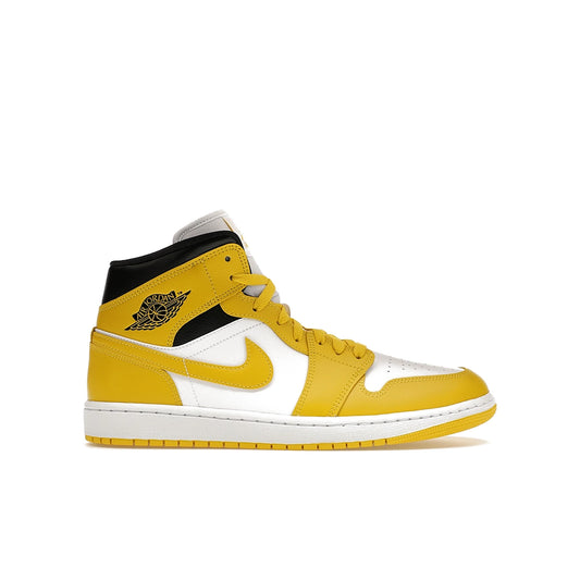 Jordan 1 Mid Vivid Sulfur women's sneaker in white, vivid sulfur and black leather