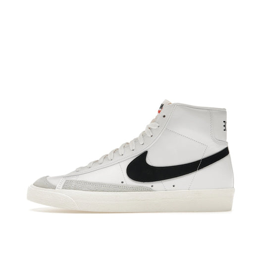 Nike Blazer Mid ’77 Vintage sneakers, side view, in white with black swoosh.