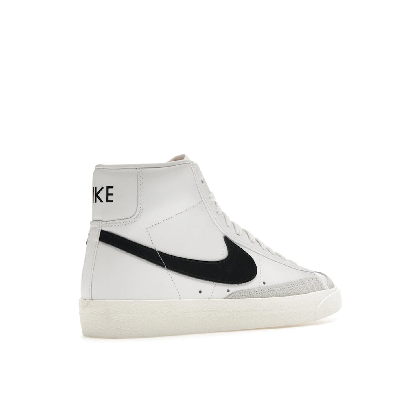 Nike Blazer Mid ’77 Vintage sneakers, back view, in white with black swoosh.